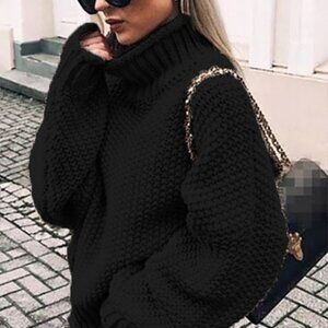 H&M Roll Neck Chunky Knit Sweater Mock Neck Black Wool Blend Medium Boxy Relaxed